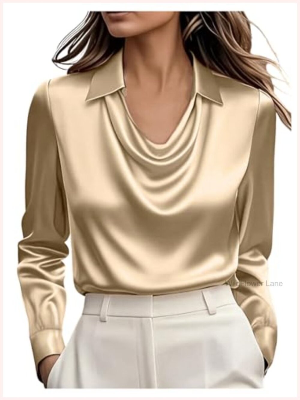Satin Silk Blouse Cowl Neck Long Sleeve Office Work Top